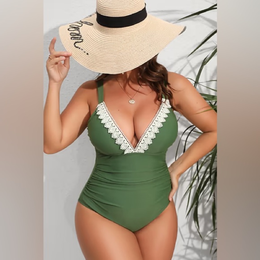 NWT Green One-Piece Swimsuit with Lace Trim - Picture 3 of 7